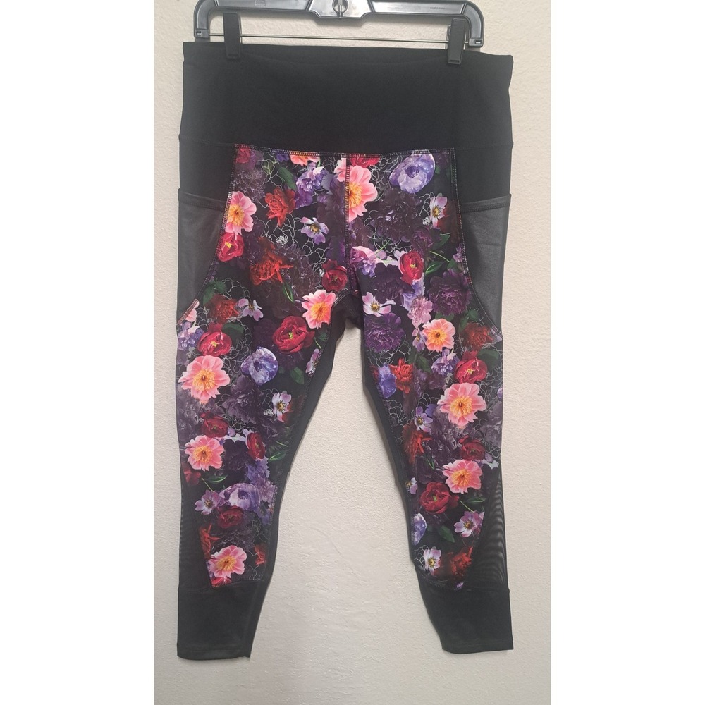 RBX Floral Capri Leggings Women's XL Black Multicolor Activewear Pockets